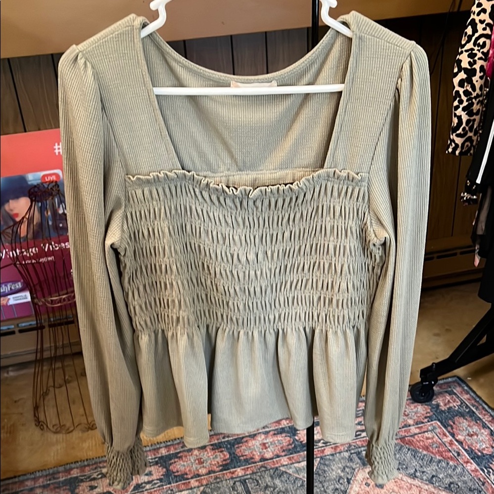 Altar'd State Sage Green Smocked Puff Sleeve Top